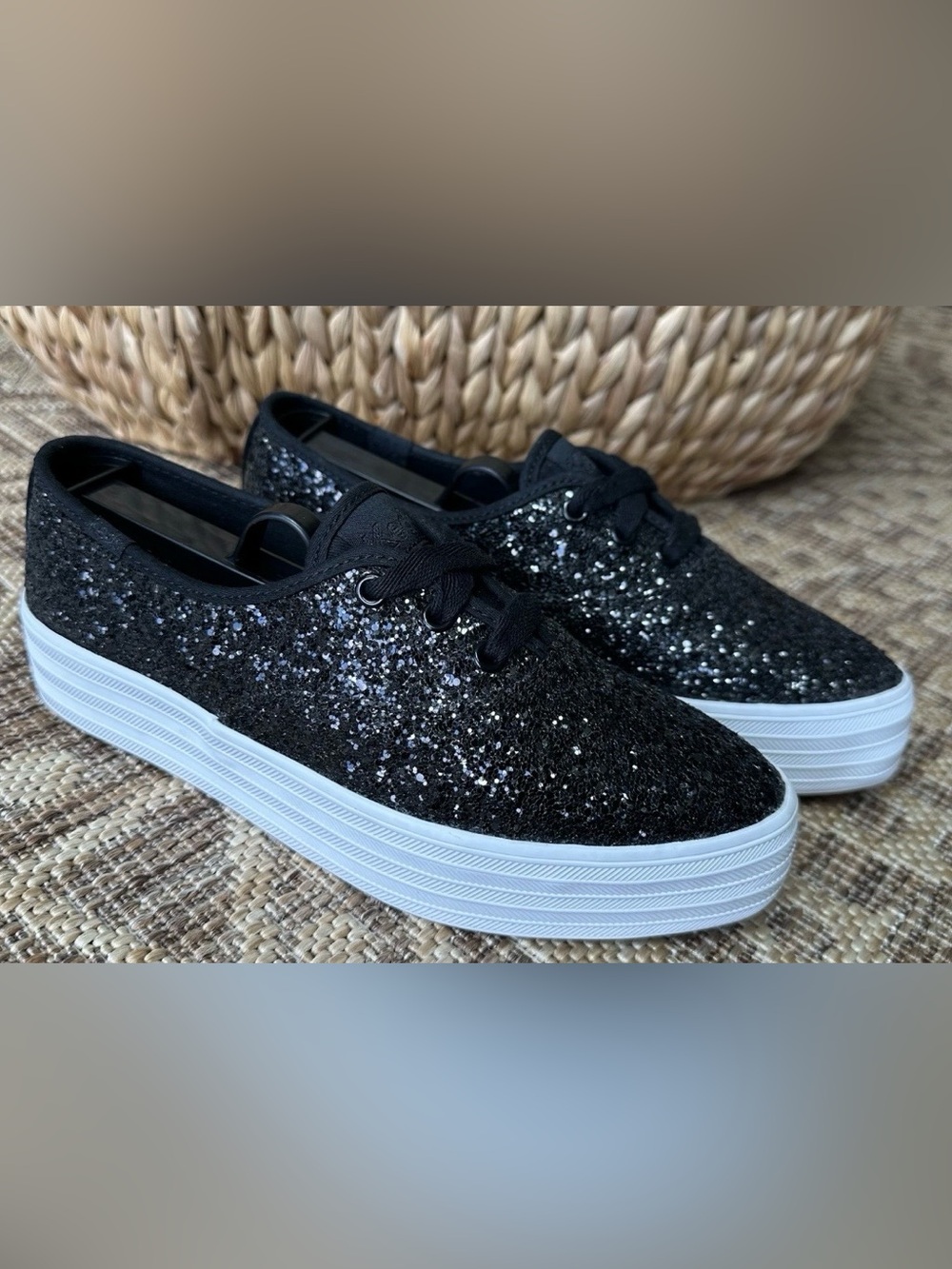 Keds Celebrations Collections Point Toe Black Glitter Platform Sneakers Sz 6.5
